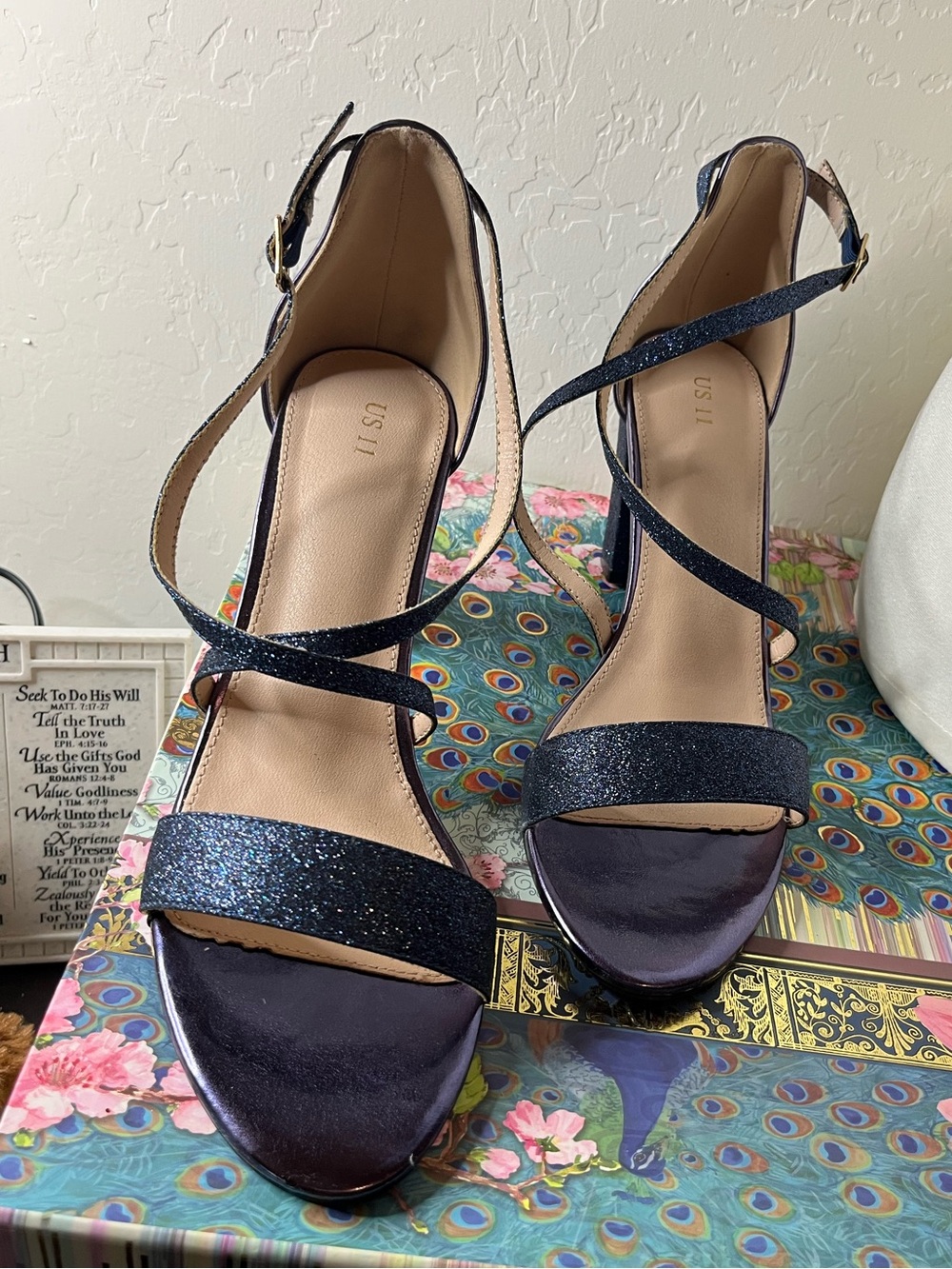 Allegra K Glitter Crisscross Strap Block Heel Sandals Navy Blue Size 11 - Picture 7 of 8